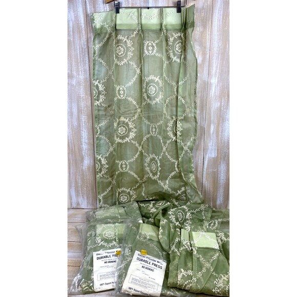 5 MCM Pinch Pleat Green Sheer Flocked Curtain Panels (3) 48x99” & (2) 22 x 99”